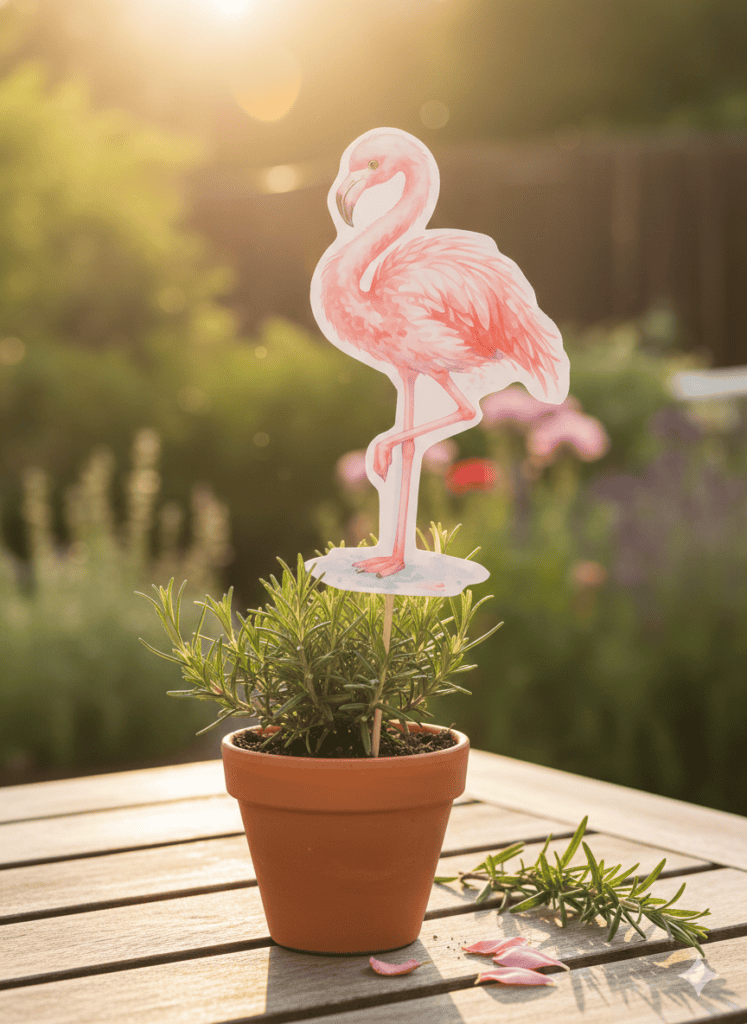 Tischdeko a la Sommer! Flamingo im Rosmarin Topf.