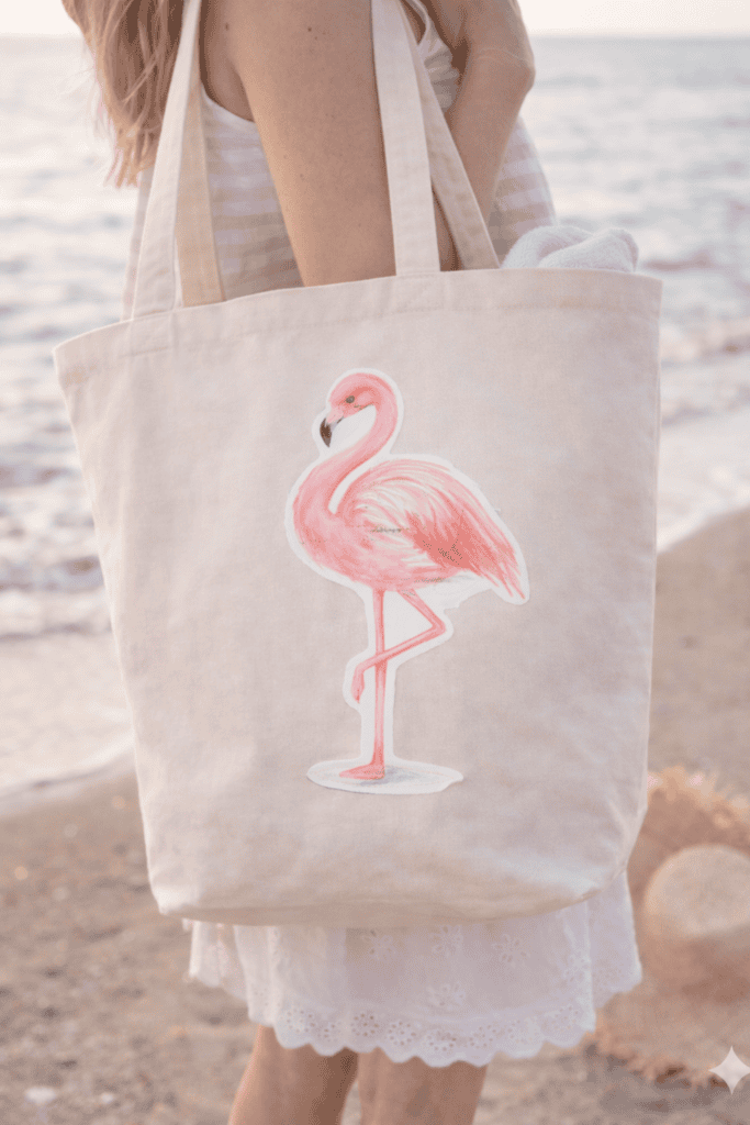 Flamingo als Bügelbild auf der Strandtasche - wie cool!