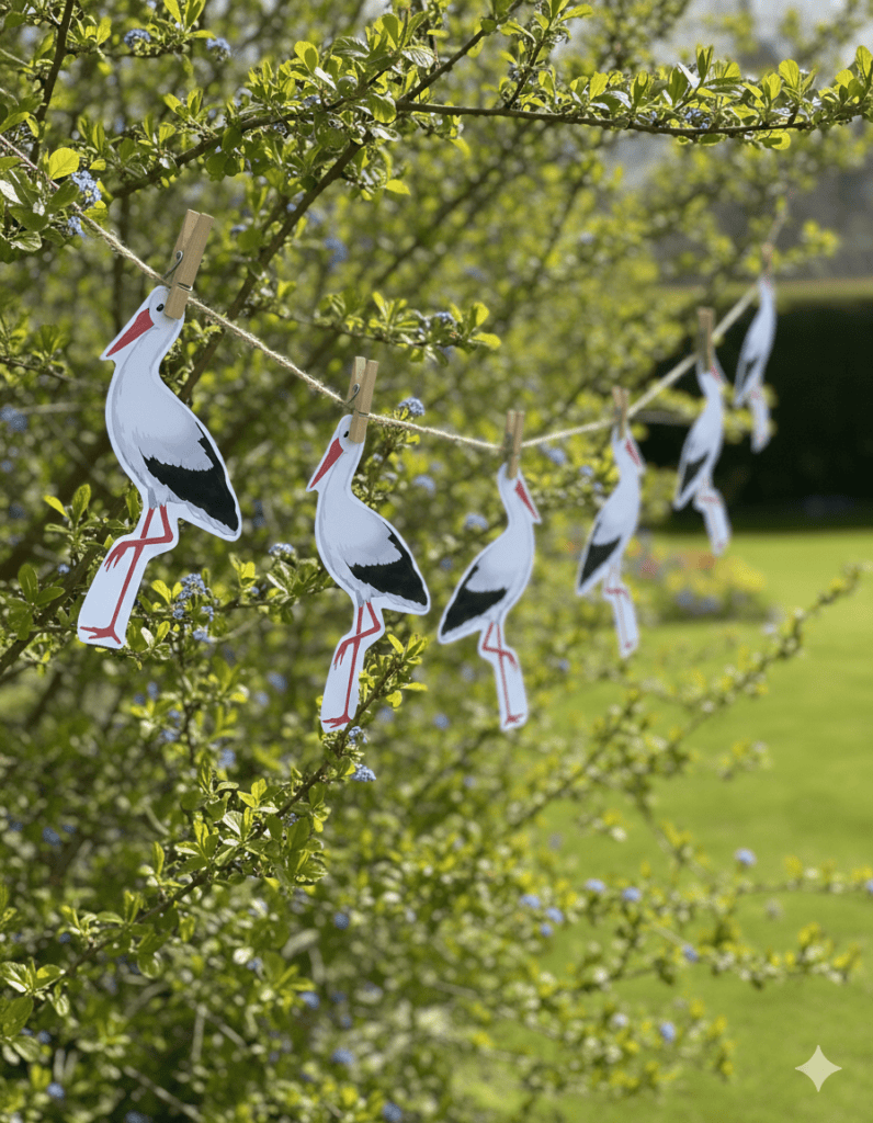 Auch als Frühlingsgirlande super schöne Deko - Storch aus Papier an Kordel
