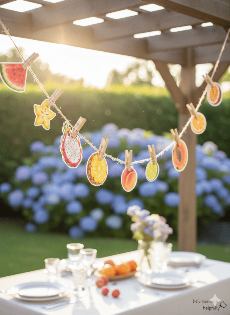 Toll als Papiergirlande: Toll als Tischdeko: Früchte ausschneiden und aufhängen