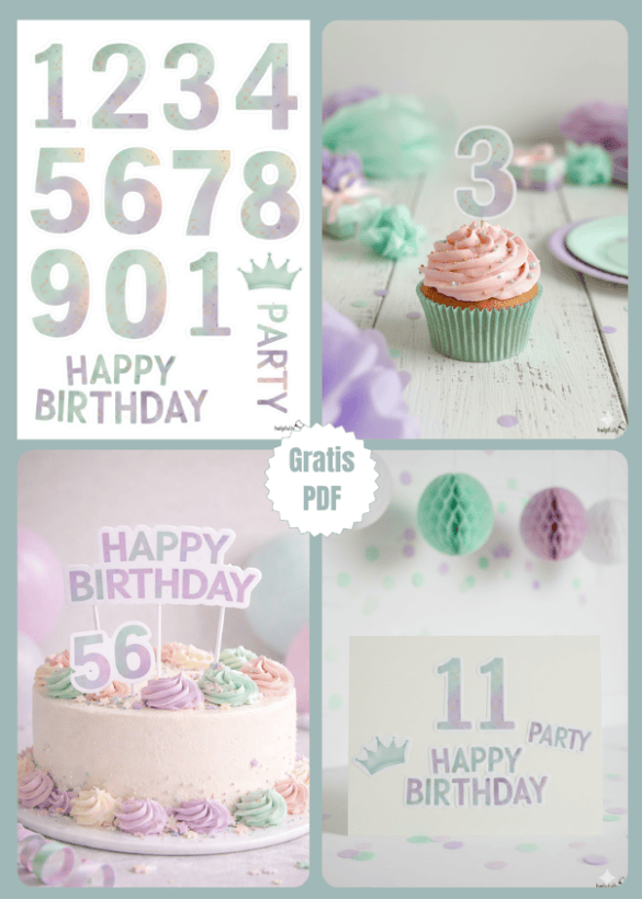 Happy Birthday und Zahlen in Pastellfarben als Sticker und Deko