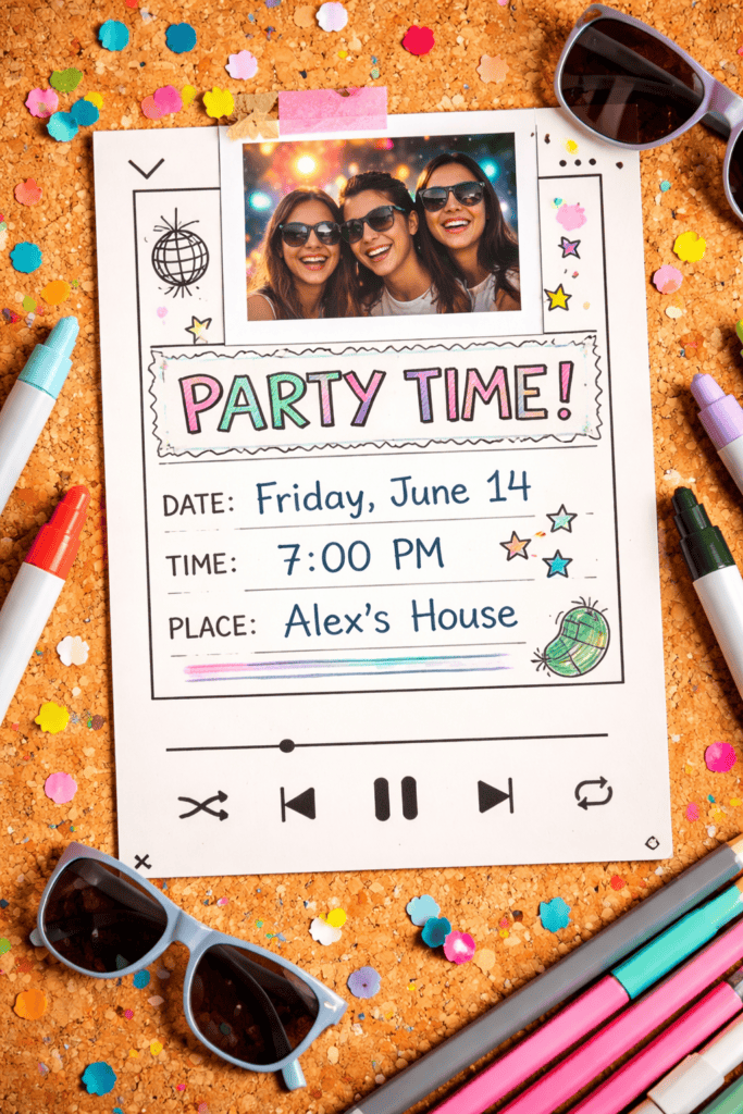 Einladung für die Party basteln - mit der Musik-Playlist Vorlage in A5 super cool!