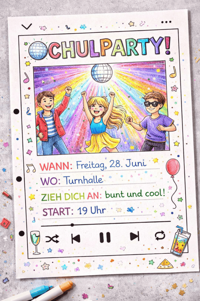 Partyschilder basteln mit der coolen A4 Vorlage im Musik- Playlist-Style