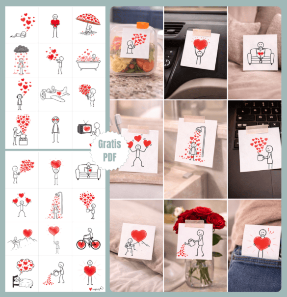 24 Liebesbotschaften zum Ausdrucken - mit der Bastelvorlage Love Notes mit Strichmännchen