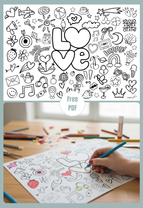 Printable coloring page for adults "LOVE" with doodles