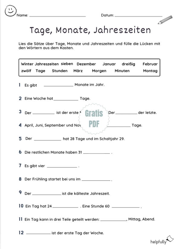 Tage, Monate, Jahreszeiten zuordnen üben mit dem Arbeitsblatt mit Lückentexten zum Ausfüllen