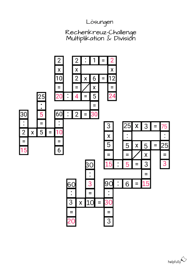 Lösungsblatt: Malnehmen und Teilen in einem coolen Arbeitsblatt in Kreuzworträtselform zum Ausdrucken