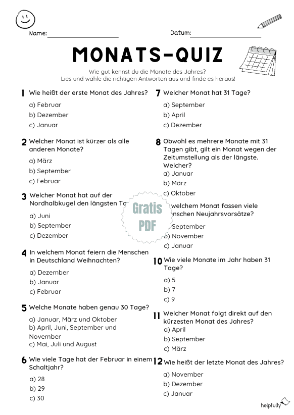Arbeitsblatt in Form eine Quiz mit Multiple Choice Fragen rund um die 12 Monate im Jahr