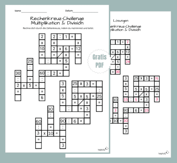 Multiplikations-Divisions Arbeitsblatt in Form eines Kreuzworträtsels für den Mathe-Unterricht