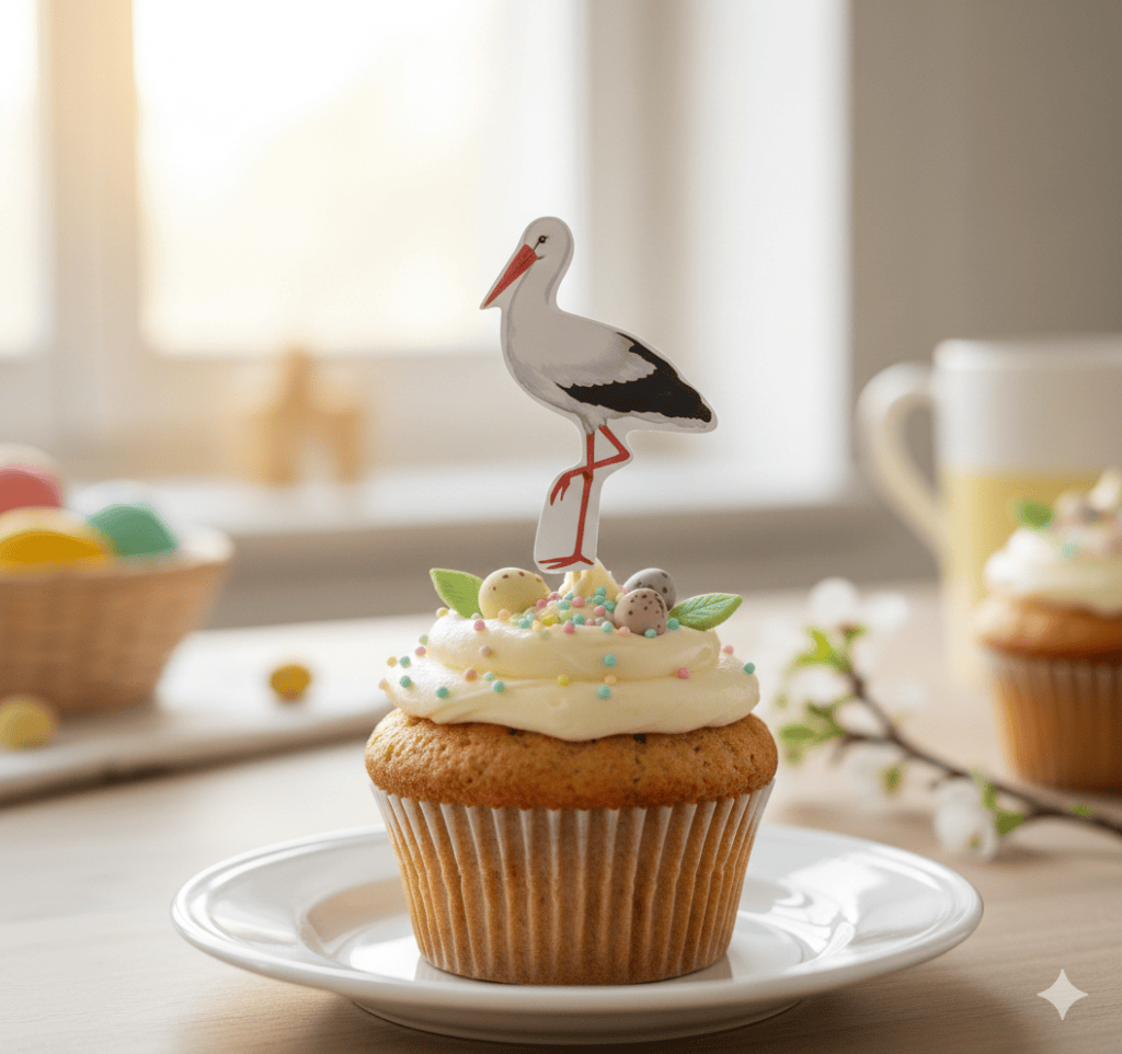 Auf Muffins und Kuchen als Cake-Topper cool: Die Papierstörche zum Basteln