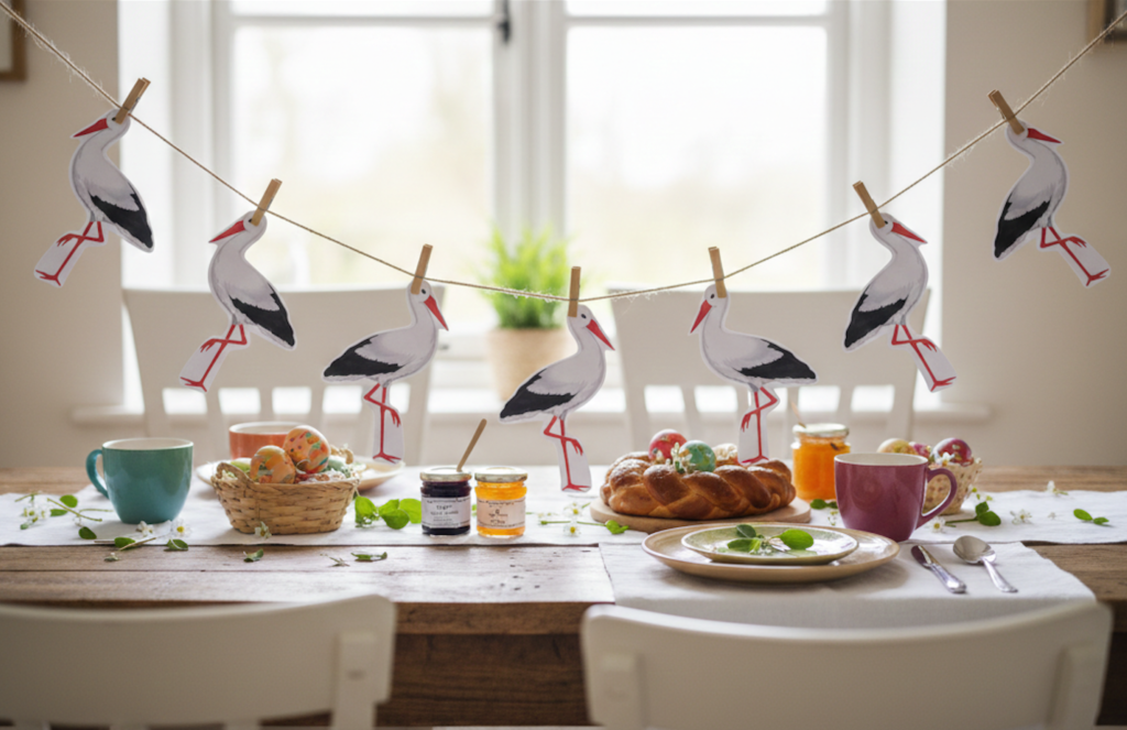 Ostern, Frühling, Sommer: die Papiergirlande mit Störchen ist eine tolle Deko zu vielen Anlässen