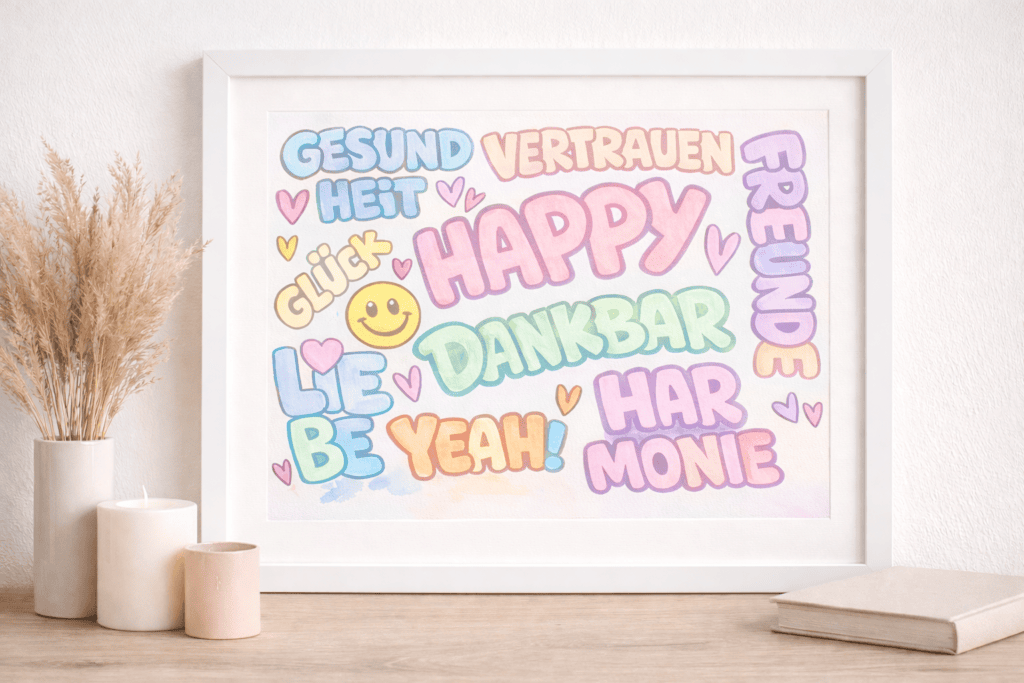 Happy Vibes ausmalen und dann als Deko an die Wand, mega schön!