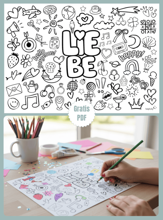 Schöne Malvorlage mit Liebe Schriftzug und passenden Motiven