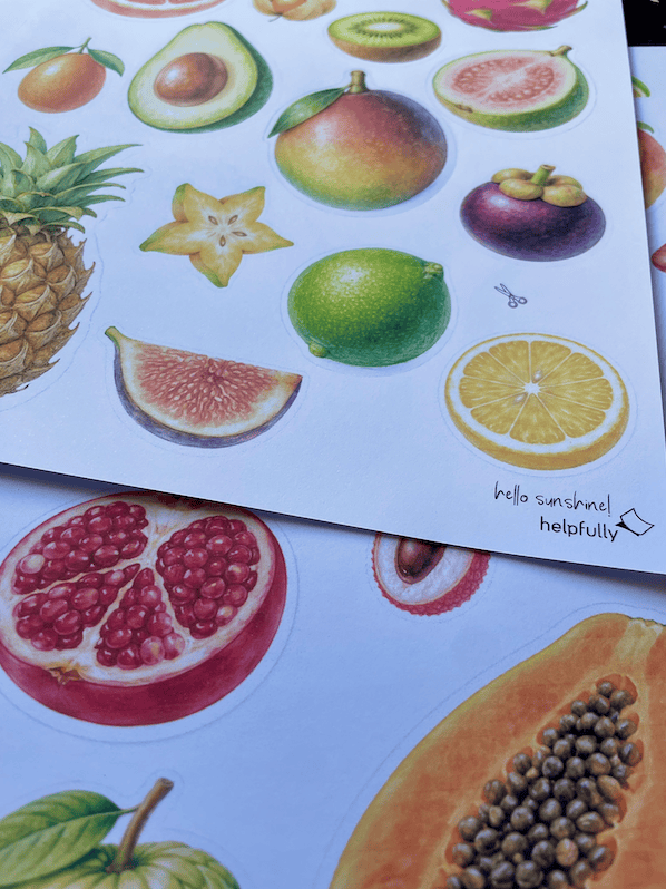 Die Hilfslinien um die Papierfrüchte helfen beim Ausschneiden und Basteln