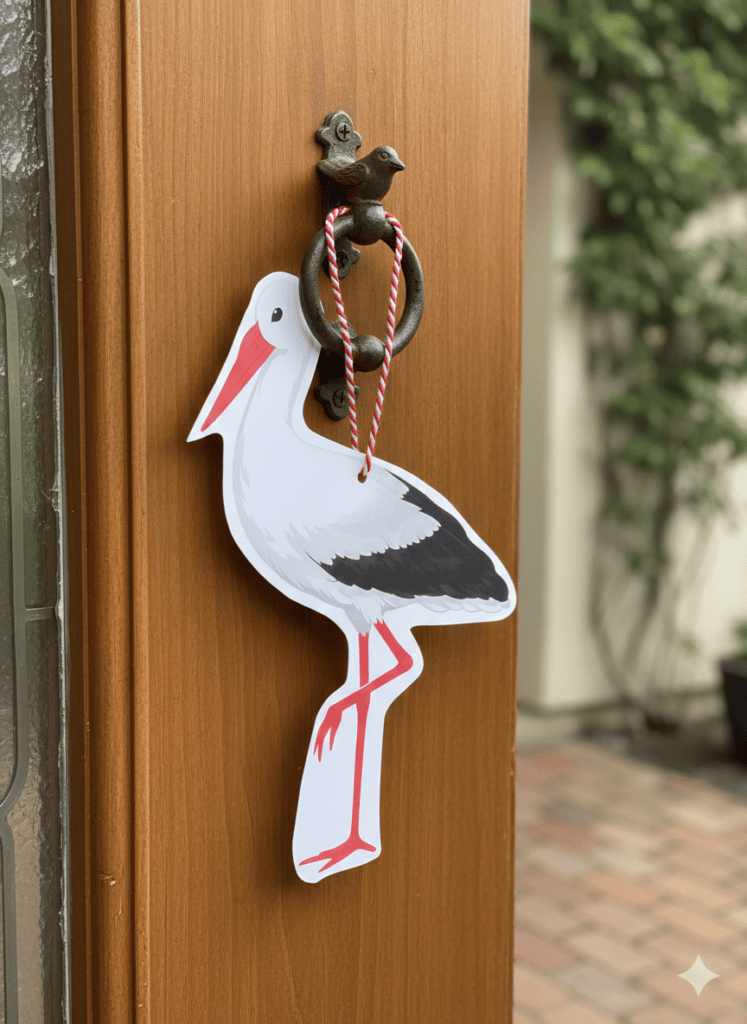 Willkommen Baby oder Frühlingsdeko -Papierstorch an Tür und Fenster