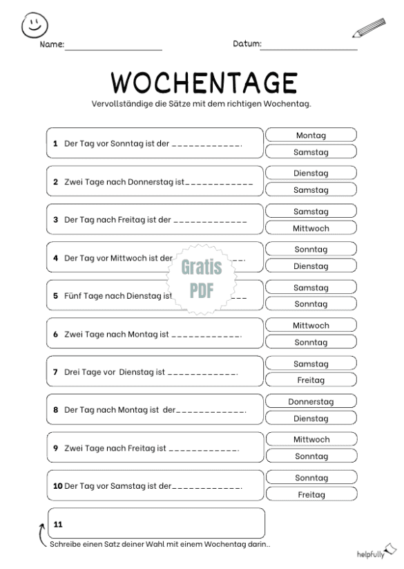 Wochentage zuordnen üben mit dem Arbeitsblatt mit Lücken zum Ausfüllen