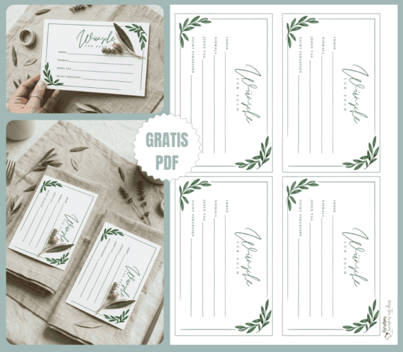 Schöne Hochzeitswunschkarten fürs Paar zum Ausdrucken in Grüntönen