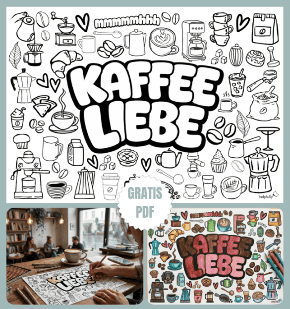 Ausmalbild für Erwachsene "KAFEE LIEBE" Schriftzug und Doodles