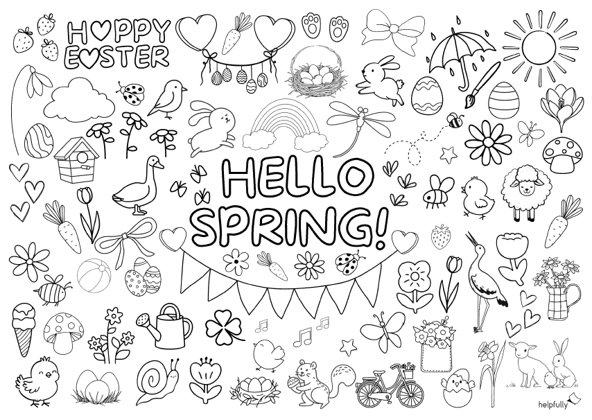 Hello Spring - printable coloring page for spring and easter, freebie