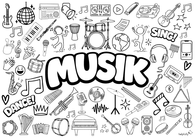 Malvorlage mit Musik-Schriftzug und Motiven sowie Instrumenten zum Ausdrucken