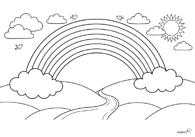 Regenbogen mit Landschaft zum Ausmalen als gratis PDF ausdrucken