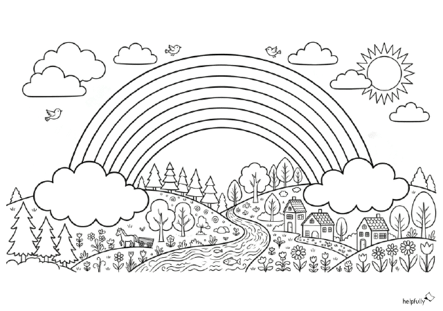 Detailreiches Ausmalbild mit Regenbogen-Landschaft zum Ausmalen als gratis Vorlage