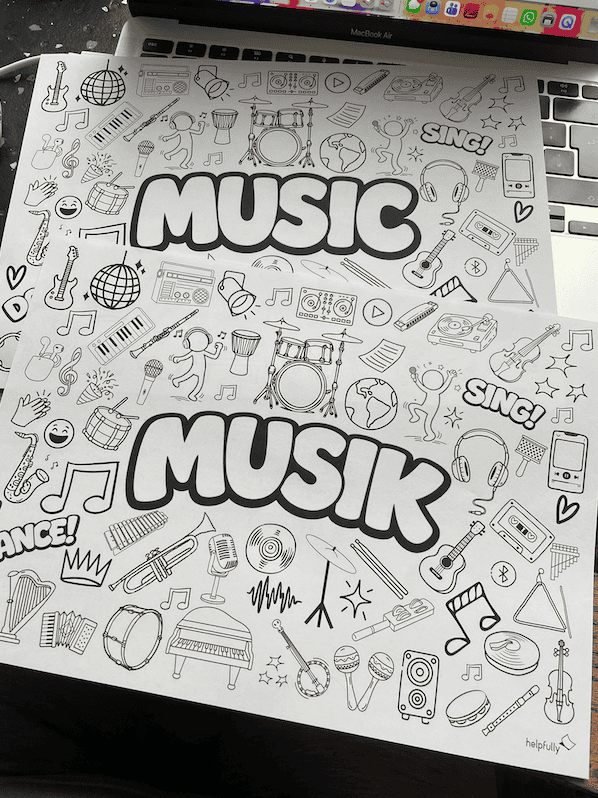 Coole Ausmalbilder für alle Musik-Liebende in deutsch und englisch