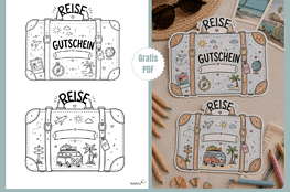 Gutschein für die Reise in den Urlaub basteln und Vorfreude verschenken - mit der coolen Gratis-Vorlage im Kofferdesign