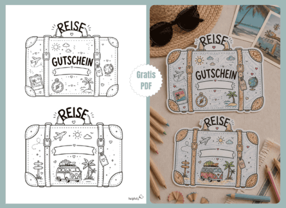 Gutschein für die Reise in den Urlaub basteln und Vorfreude verschenken - mit der coolen Gratis-Vorlage im Kofferdesign