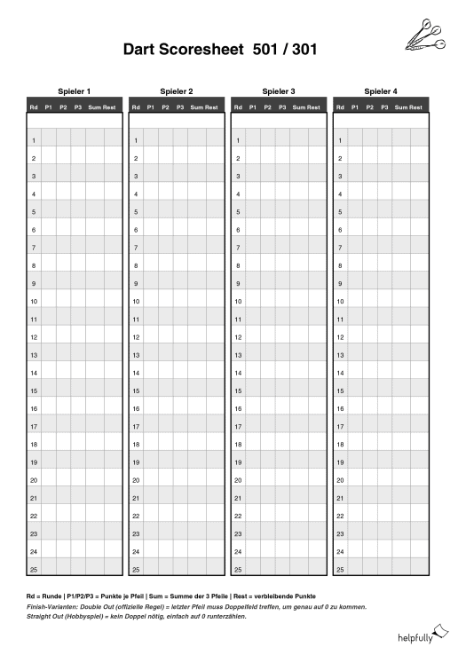 Dartspielen und Punkte zählen? Tabelle mit 501 oder 301 zum Ausrucken und Runterzählen!