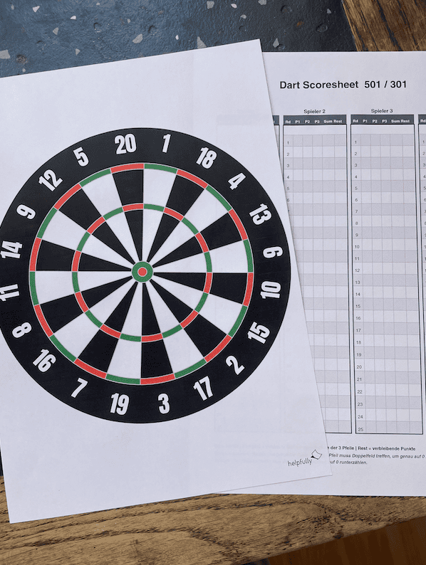 Dart-Zielscheine, Erklärung Punktezählen und Tabelle zum Spielen