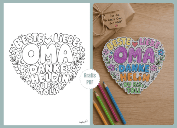 Geschenk für Oma basteln - mit der Herz-Vorlage zum Ausmalen und Ausschneiden!