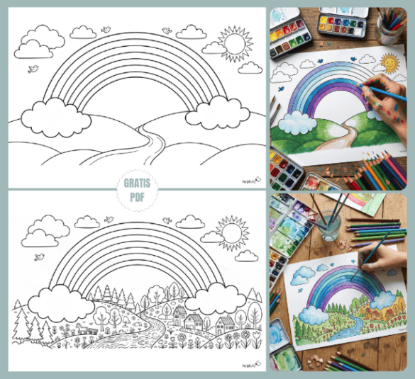 zwei Gratis-Ausmalbilder zum Ausdrucken mit regenbogen Landschaft