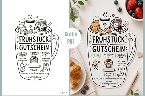 Gutschein Brunch und Frühstück in coolem Kaffeepott-Design zum Ausdrucken und Basteln