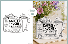 Schöne Geschenkidee: Gutschein mit Tortenstück und Kaffeebecher zum Ausdrucken und Basteln