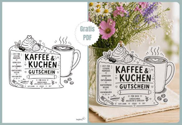 Schöne Geschenkidee: Gutschein mit Tortenstück und Kaffeebecher zum Ausdrucken und Basteln