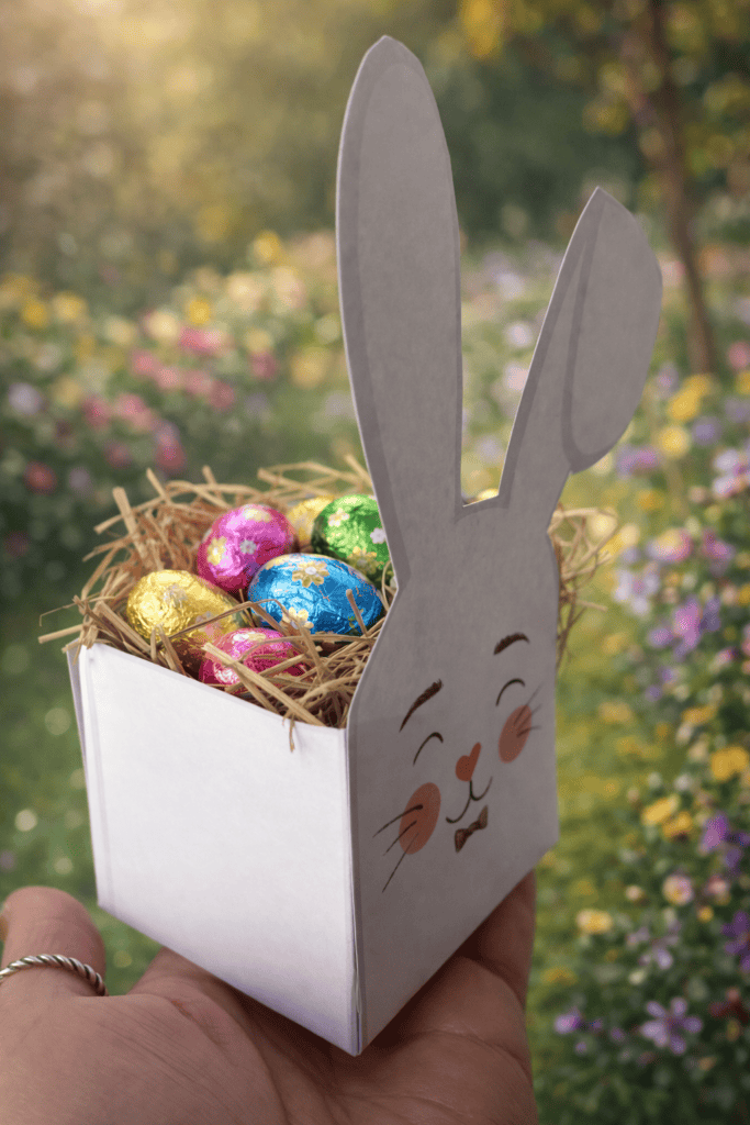 kleine Geschenkbox aus Papier mit Hasenohren basteln - mit der PDF Vorlage einfach!