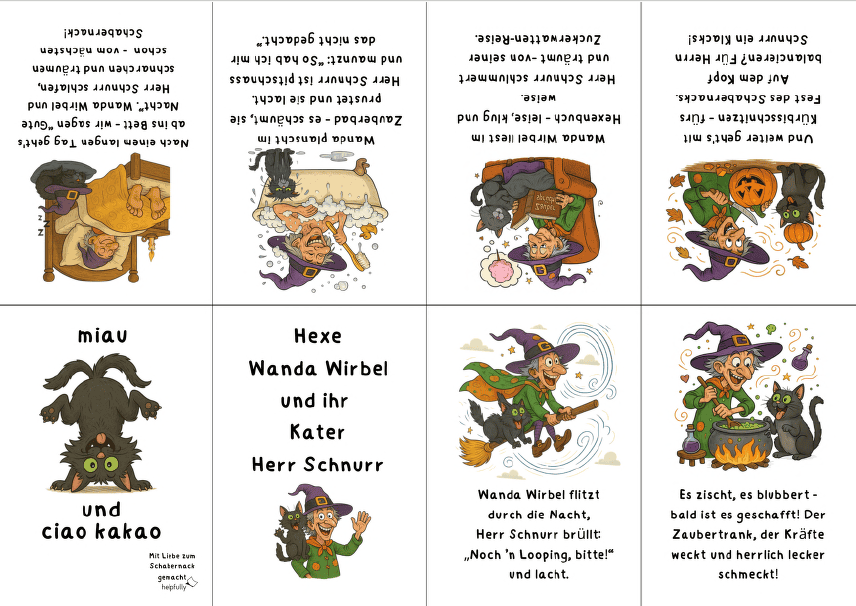 lustige Kurzgeschichte Hexe Wanda zum Ausdrucken und Falten, toll für Halloween und immer!