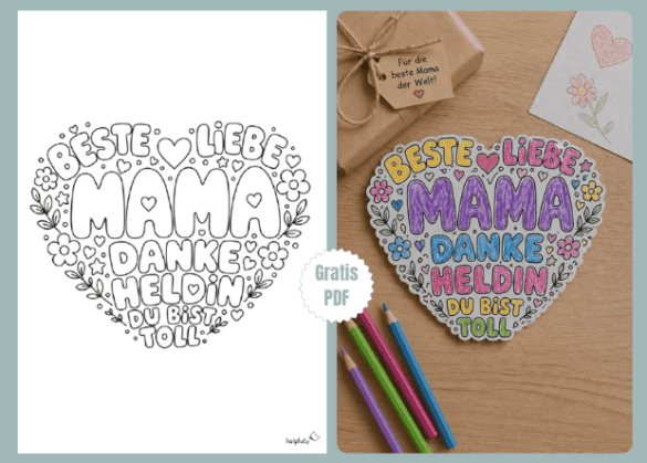 Geschenk für Mama basteln - mit der Herz-Vorlage zum Ausmalen und Ausschneiden!