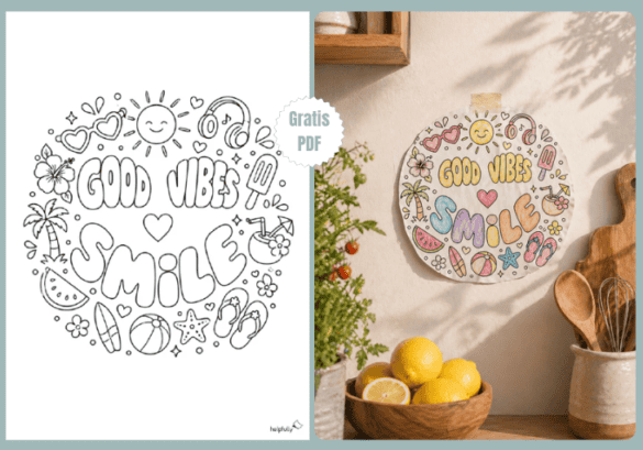 Mandala-Style Ausmabild mit Sommermotiven im Smileydesign zum Ausdrucken und Ausschneiden