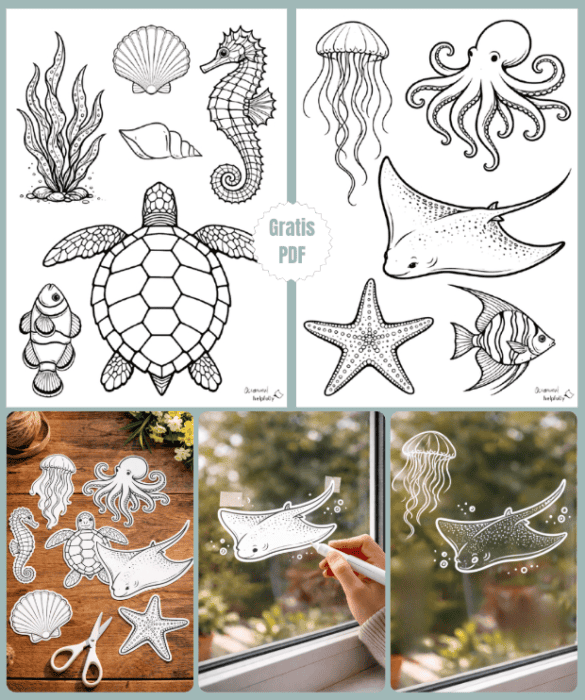 Fensterbilder-Schablonen A4 mit Ozeanmotiven zum Ausdrucken