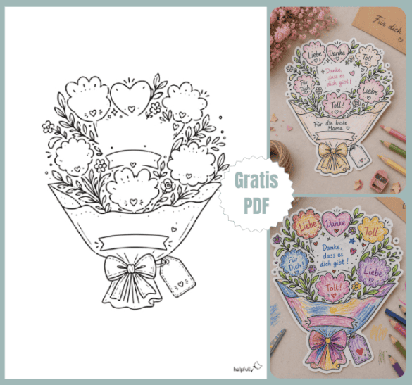 Schönen Gutschein oder Karte basteln - mit der Blumenstraußvorlage zum Ausdrucken und Beschriften