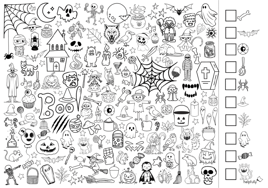 A4 Vorlage im Querformat mit Suchbildern Halloween zum Ausdrucken