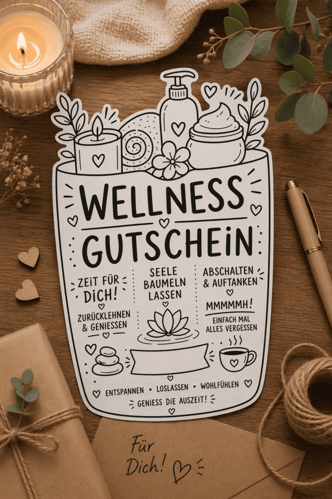 Wellness-Gutschein auf cleanem weißen Druckerpapier, mega schön!