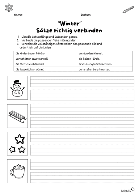 Sätze verbinden für den Deutschunterricht im Winter ausdrucken