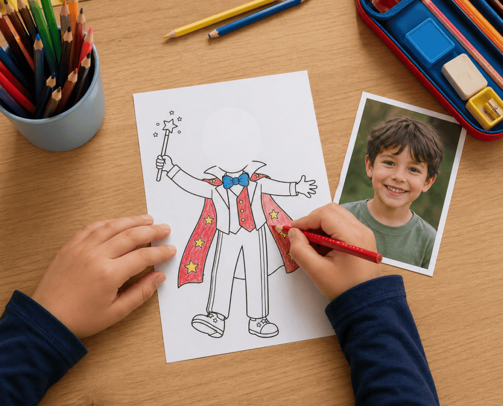 Zirkus-Figur ausmalen, Kinder-Foto in den Kopbereich kleben, ausschneiden - fertig!
