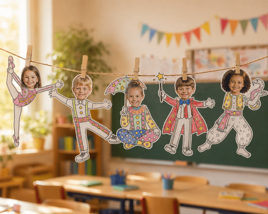 Die fertig gebastelten Zirkus-Figuren als Girlande im Klassenzimmer aufhängen