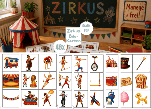 Zirkus Bildkarten als Bastelmaterial zum Ausdrucken für die Grundschule als Gratis PDF