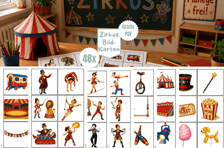 Zirkus Bildkarten als Bastelmaterial zum Ausdrucken für die Grundschule als Gratis PDF