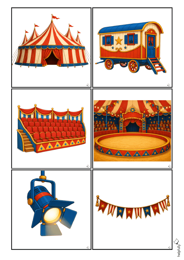 Zirkuszelt, Zirkuswagen, Manege und Requisiten als Bildkarten zum Ausdrucken